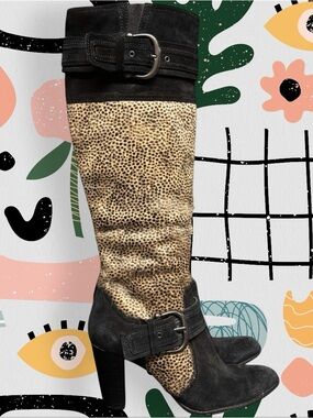 Born Crown | Genuine Suede and Fur Spotted Knee High Buckle Detail Heeled Boots